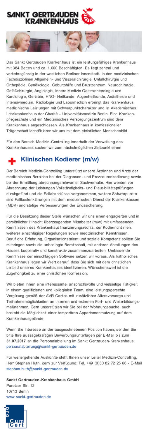 Sankt Gertrauden-Krankenhaus GmbH, Berlin: Klinischer Kodierer (m/w)