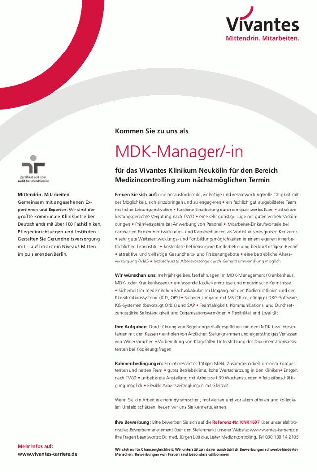 Vivantes Klinikum Neukölln, Berlin: MDK-Manager (m/w)