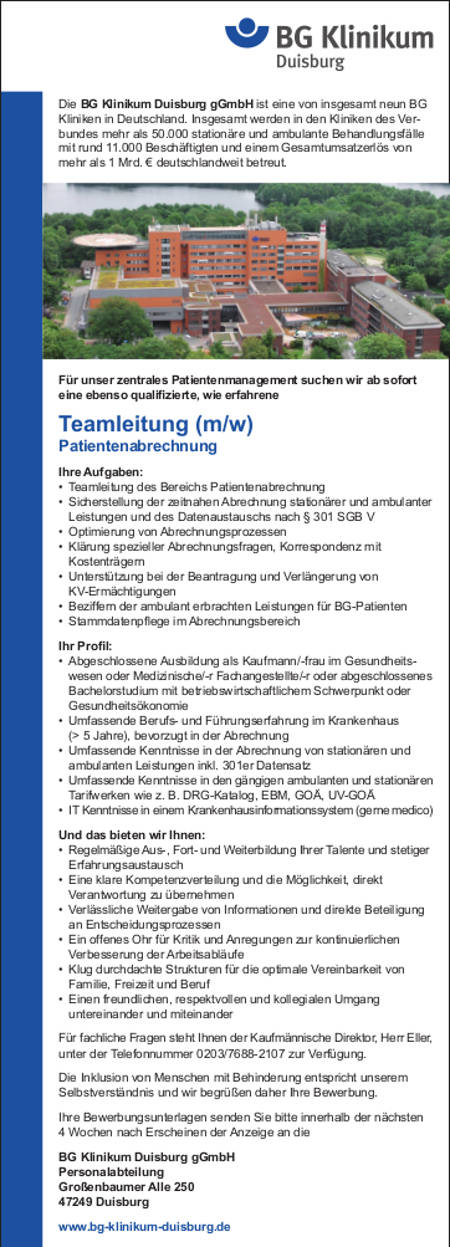 BG Klinikum Duisburg gGmbH: Teamleitung Patientenabrechnung (m/w)