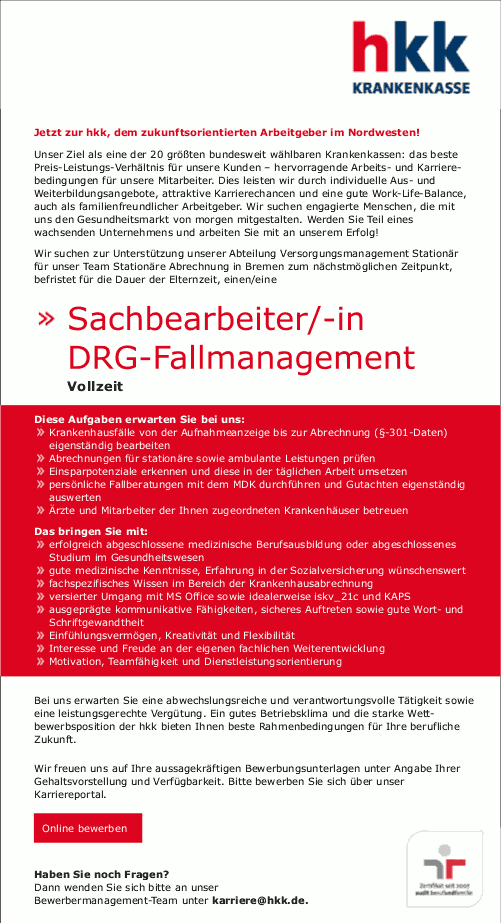 hkk Krankenkasse, Bremen: Sachbearbeiter DRG-Fallmanagement (m/w)