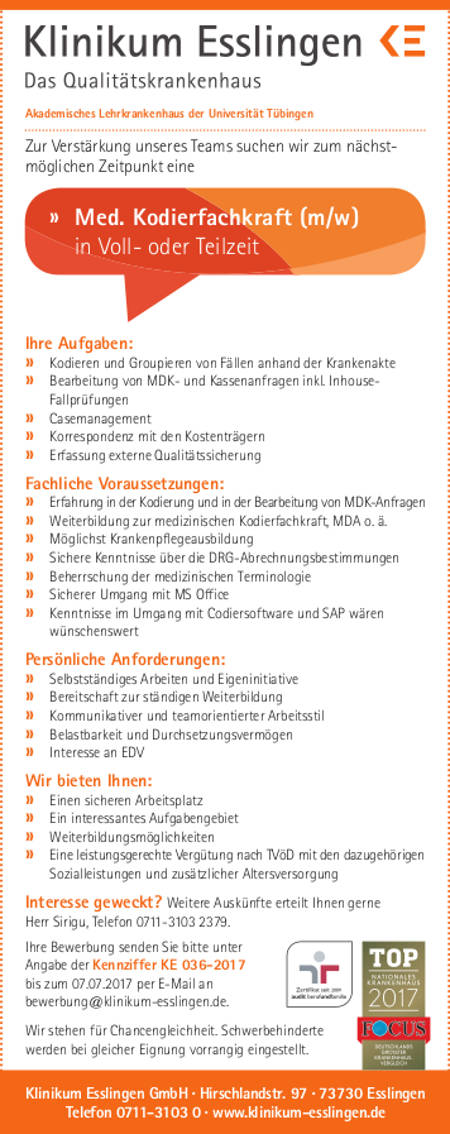 Klinikum Esslingen GmbH: Med. Kodierfachkraft (m/w)