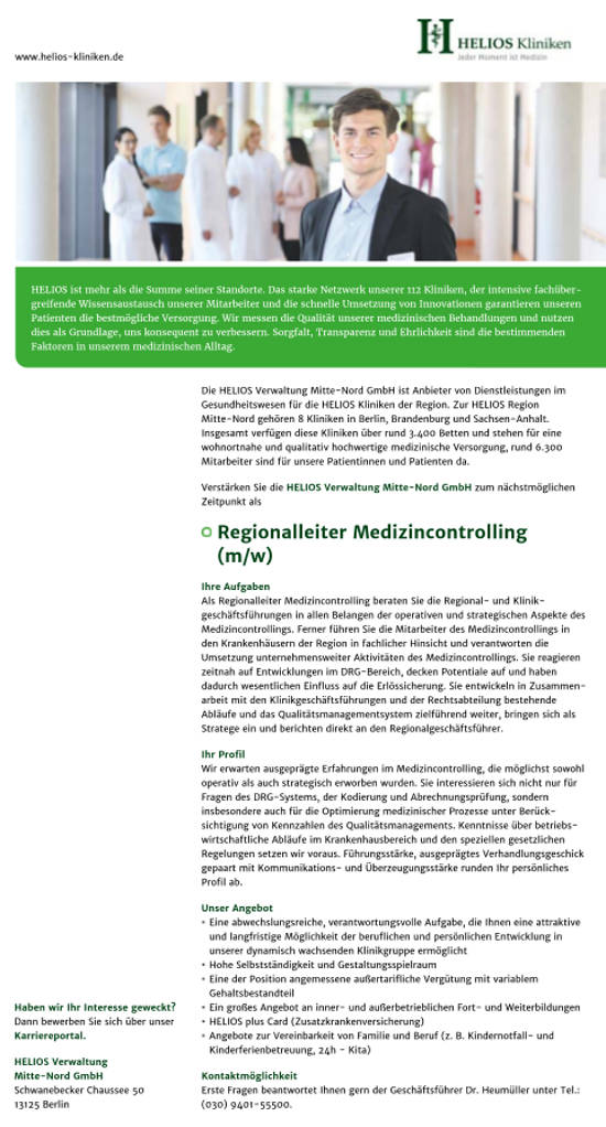Helios Verwaltung Mitte-Nord GmbH, Berlin: Regionalleiter Medizincontrolling (m/w)