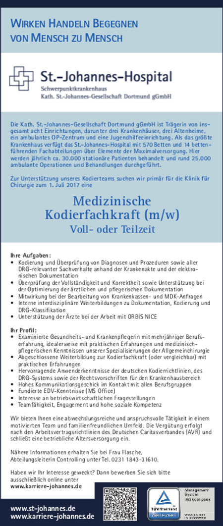 Kath. St.-Johannes-Gesellschaft Dortmund gGmbH: Medizinische Kodierfachkraft (m/w)