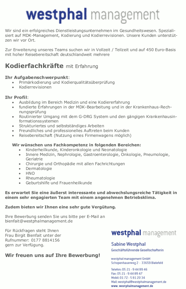 westphal management GmbH, Bielefeld: Kodierfachkraft (m/w)