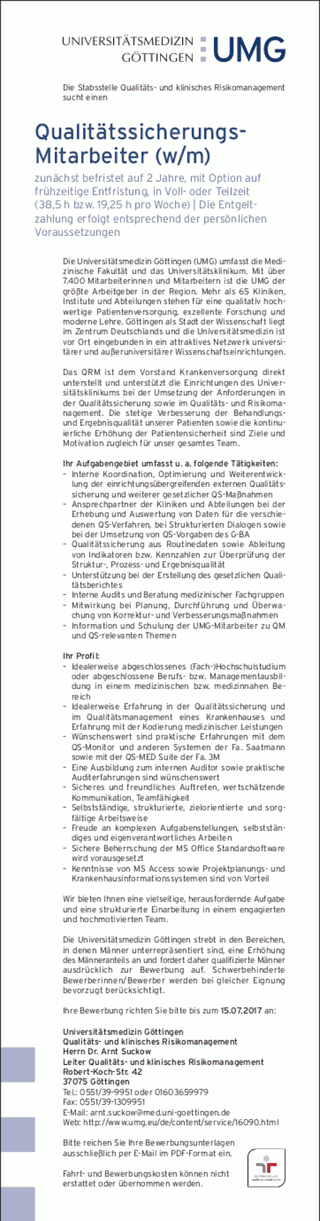 Universitätsmedizin Göttingen: Qualitätssicherungs-Mitarbeiter (w/m)