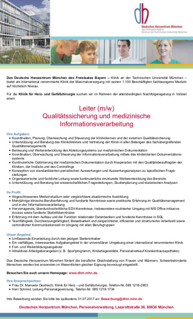 Deutsches Herzzentrum München: Leitung Qualitätssicherung und medizinische Informationsverarbeitung (m/w)