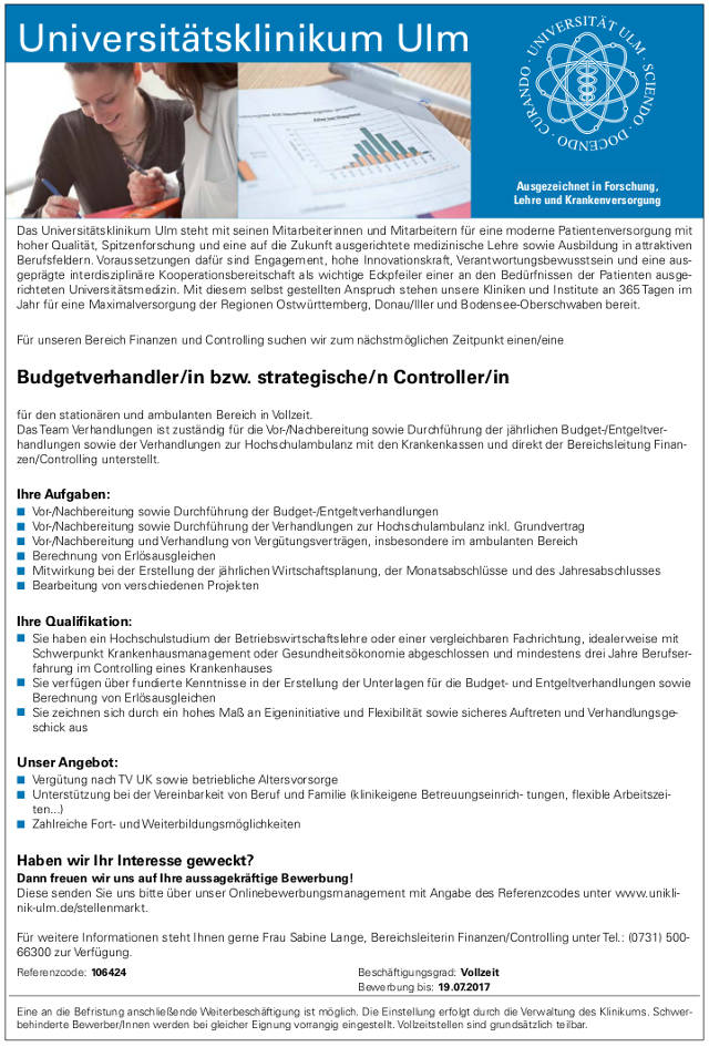 Universitätsklinikum Ulm: Budgetverhandler / strategischer Controller (m/w)