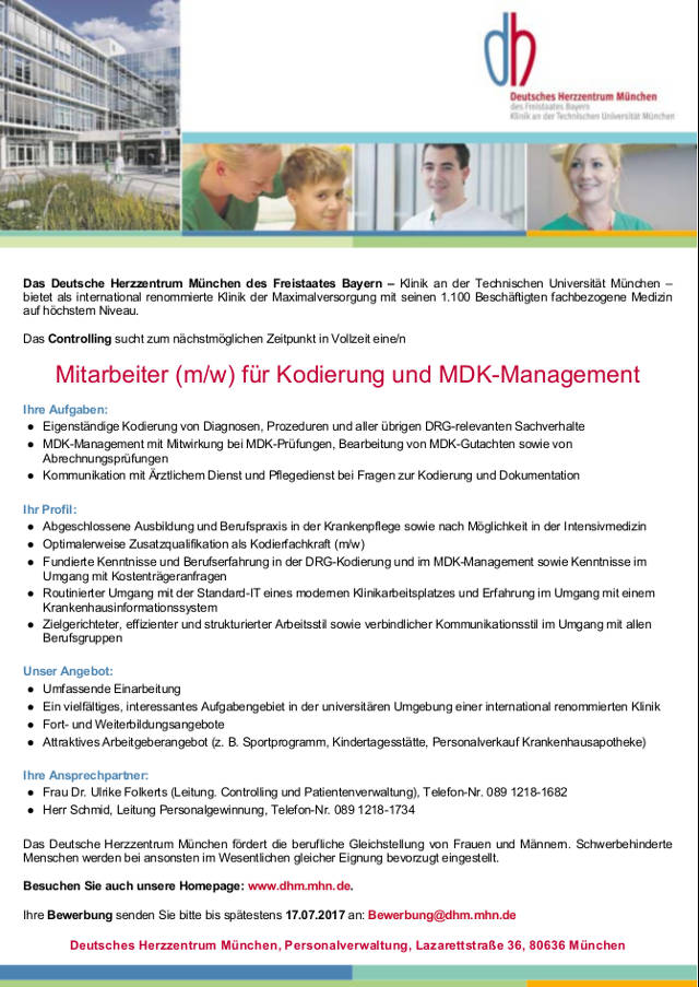Deutsches Herzzentrum München: Mitarbeiter Kodierung und MDK-Management (m/w)