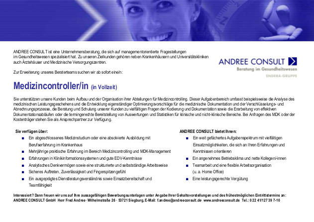 Andree Consult GmbH, Siegburg: Medizincontroller (m/w)