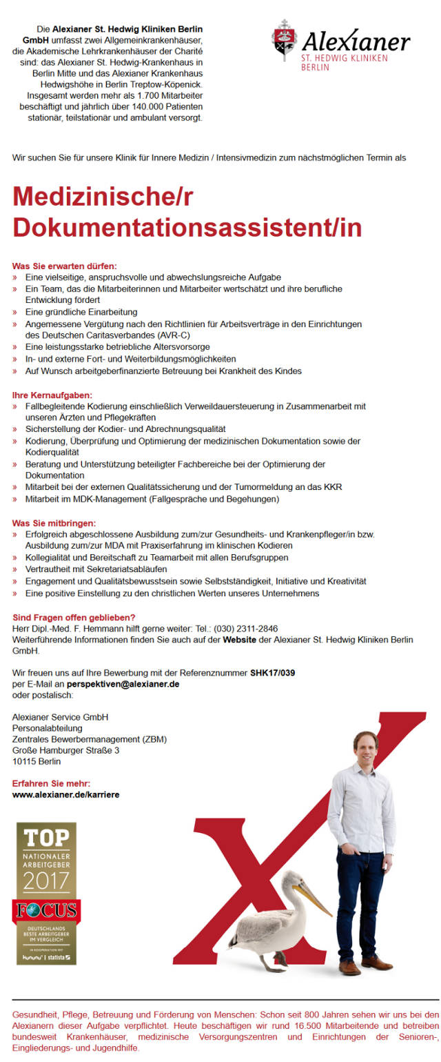 Alexianer St. Hedwig Kliniken Berlin GmbH: Medizinischer Dokumentationsassistent (m/w)