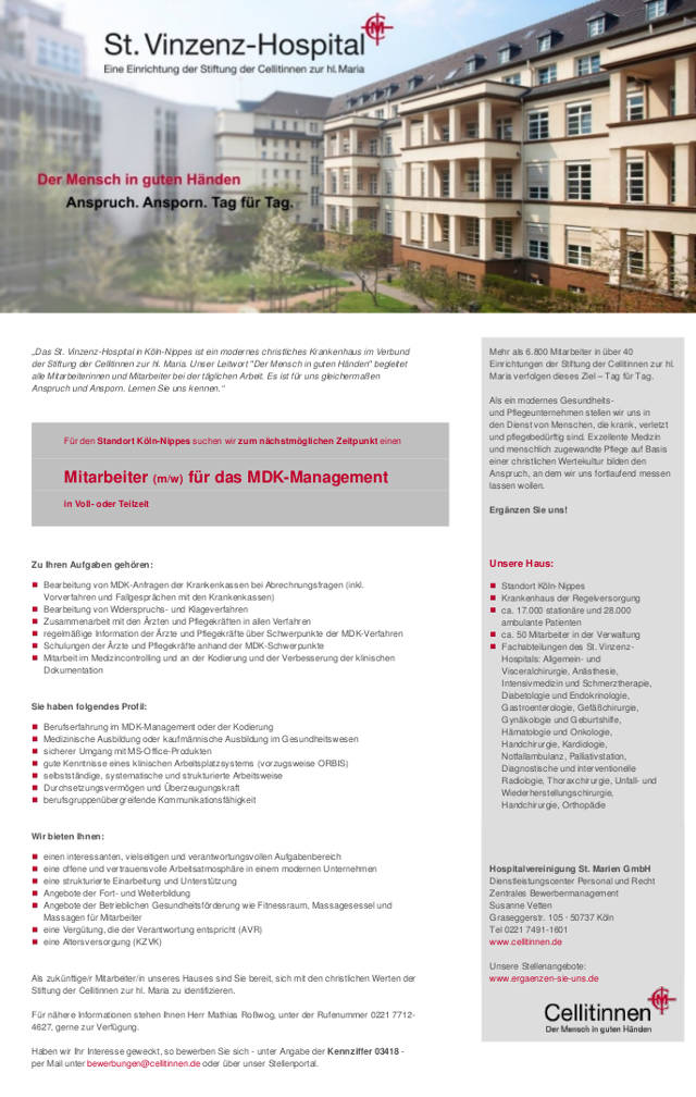 St. Vinzenz-Hospital in Köln-Nippes: Mitarbeiter MDK-Management (m/w)