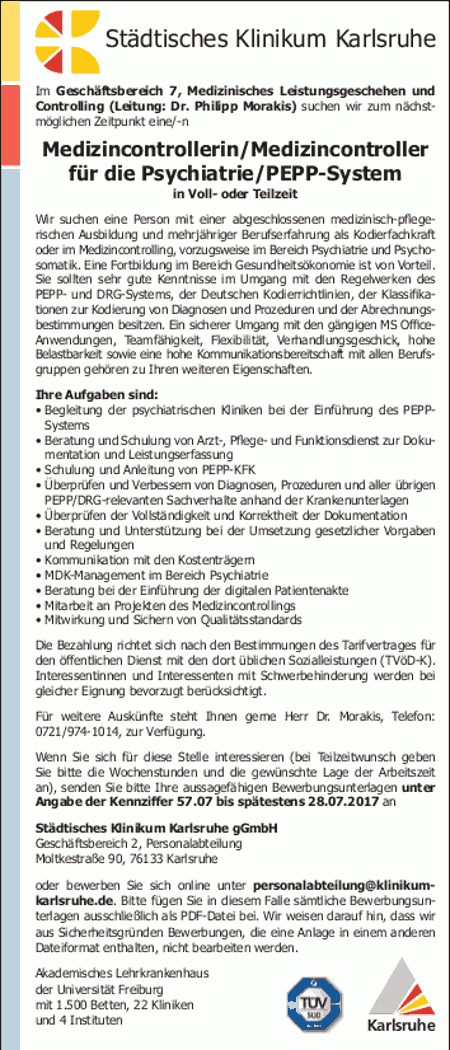 Städtisches Klinikum Karlsruhe gGmbH: Medizincontroller Psychiatrie / PEPP (m/w)