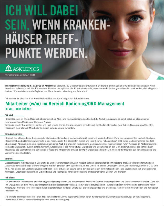 Asklepios Kliniken Verwaltungsgesellschaft mbH: Mitarbeiter Kodierung/DRG-Management (w/m)