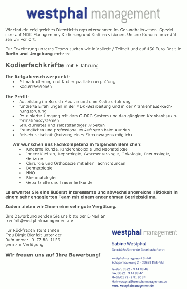 westphal management GmbH, Bielefeld: Kodierfachkraft (m/w)