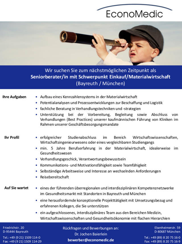EconoMedic AG, Bayreuth: Seniorberater Schwerpunkt Einkauf/Materialwirtschaft (m/w)