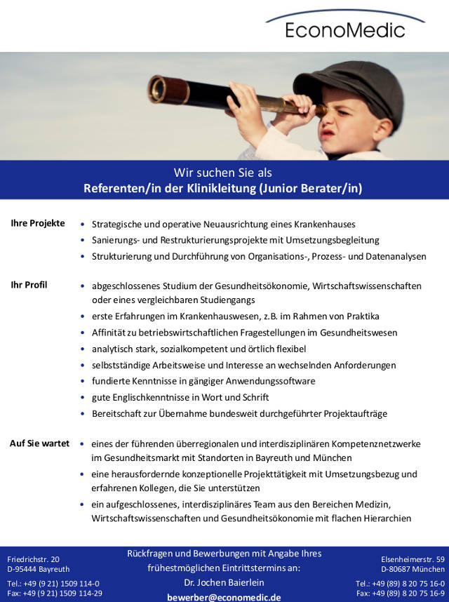 EconoMedic AG, Bayreuth: Referent der Klinikleitung (Junior Berater) (m/w)