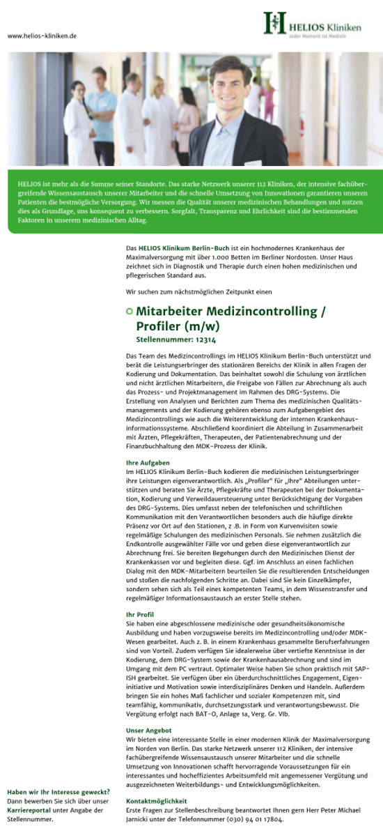 HELIOS Klinikum Berlin-Buch: Mitarbeiter Medizincontrolling / Profiler (m/w)