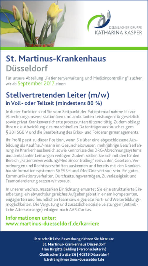 St. Martinus-Krankenhaus Düsseldorf: Stellvertretende Leitung Patientenverwaltung und Medizincontrolling (m/w)