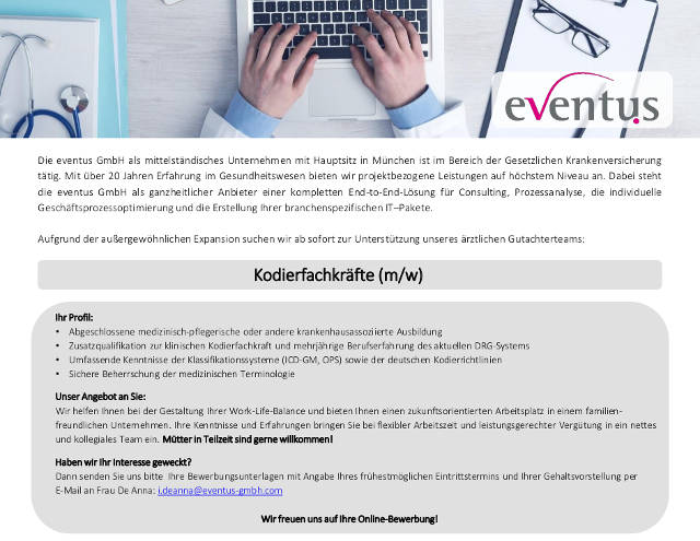 eventus GmbH, München: Klinische Kodierfachkräfte (m/w)