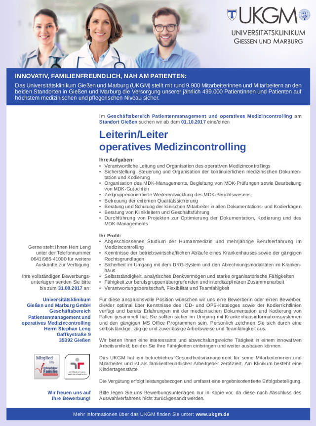 Universitätsklinikum Gießen und Marburg GmbH: Leiter operatives Medizincontrolling (m/w)