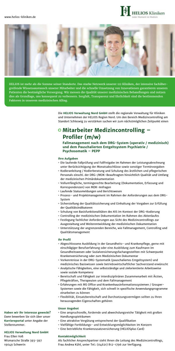 Helios Verwaltung Nord GmbH, Schwerin: Mitarbeiter Medizincontrolling / Profiler (m/w)