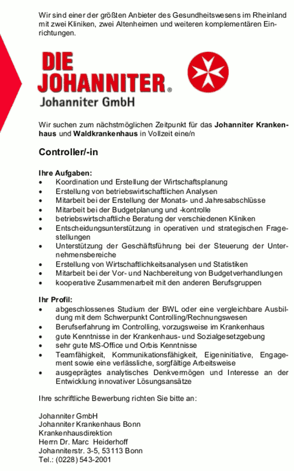 Johanniter Krankenhaus Bonn: Controller (m/w)