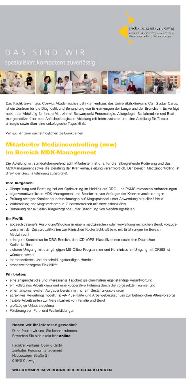 Fachkrankenhaus Coswig GmbH: Mitarbeiter Medizincontrolling (m/w)