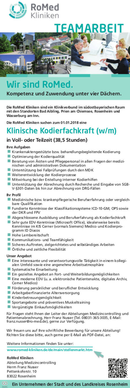 RoMed Kliniken, Rosenheim: Klinische Kodierfachkraft (w/m)