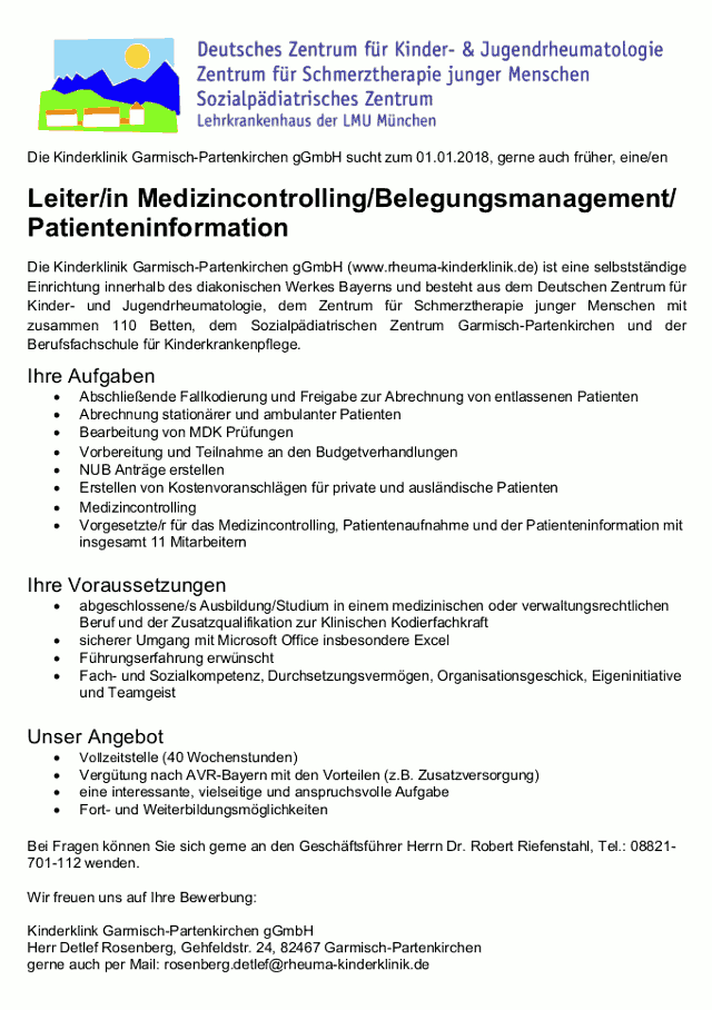 Kinderklinik Garmisch-Partenkirchen gGmbH: Leitung Medizincontrolling / Belegungsmanagement / Patienteninformation (m/w)
