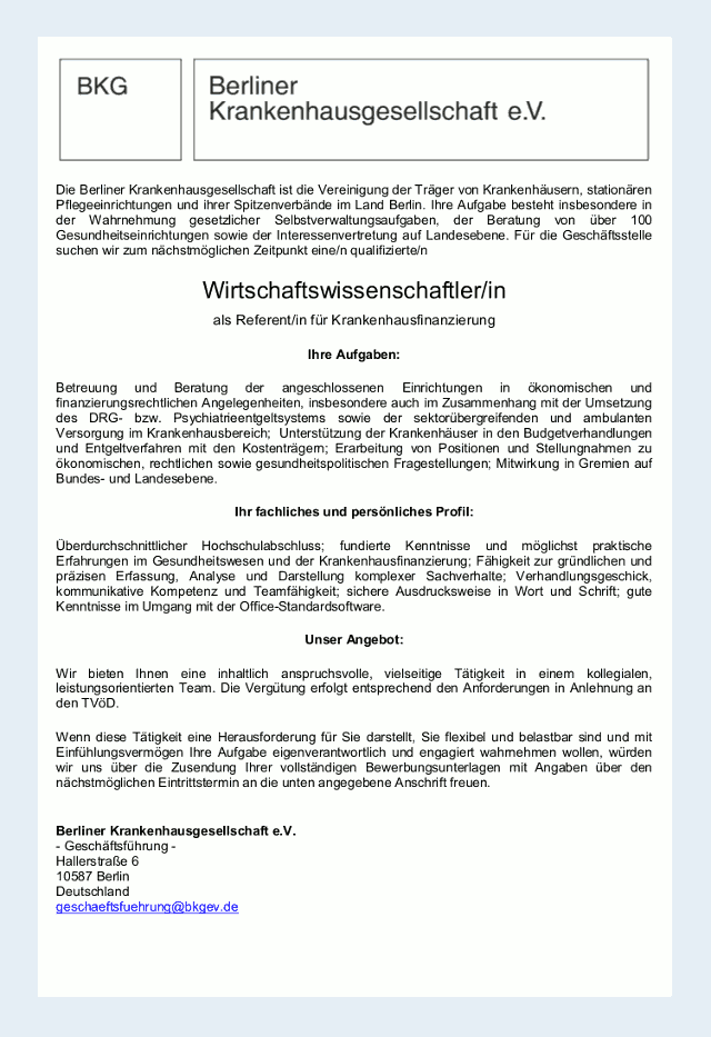 Berliner Krankenhausgesellschaft e.V.: Wirtschaftswissenschaftler (m/w)