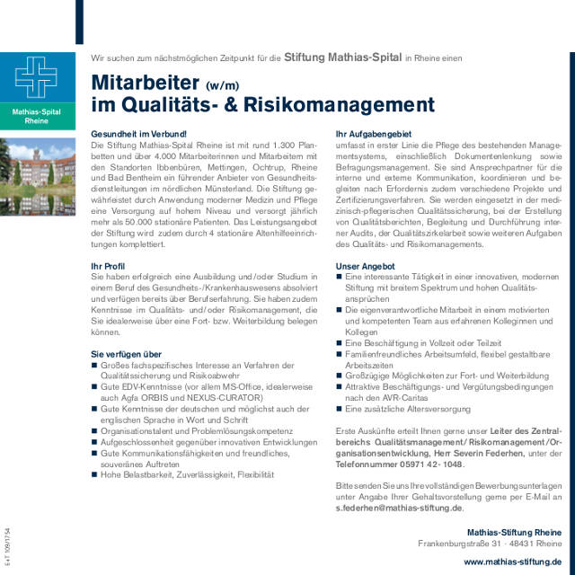 Stiftung Mathias-Spital Rheine: Mitarbeiter Qualitäts- & Risikomanagement (w/m)