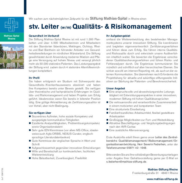 Stiftung Mathias-Spital Rheine: Stv. Leitung Qualitäts- & Risikomanagement (w/m)