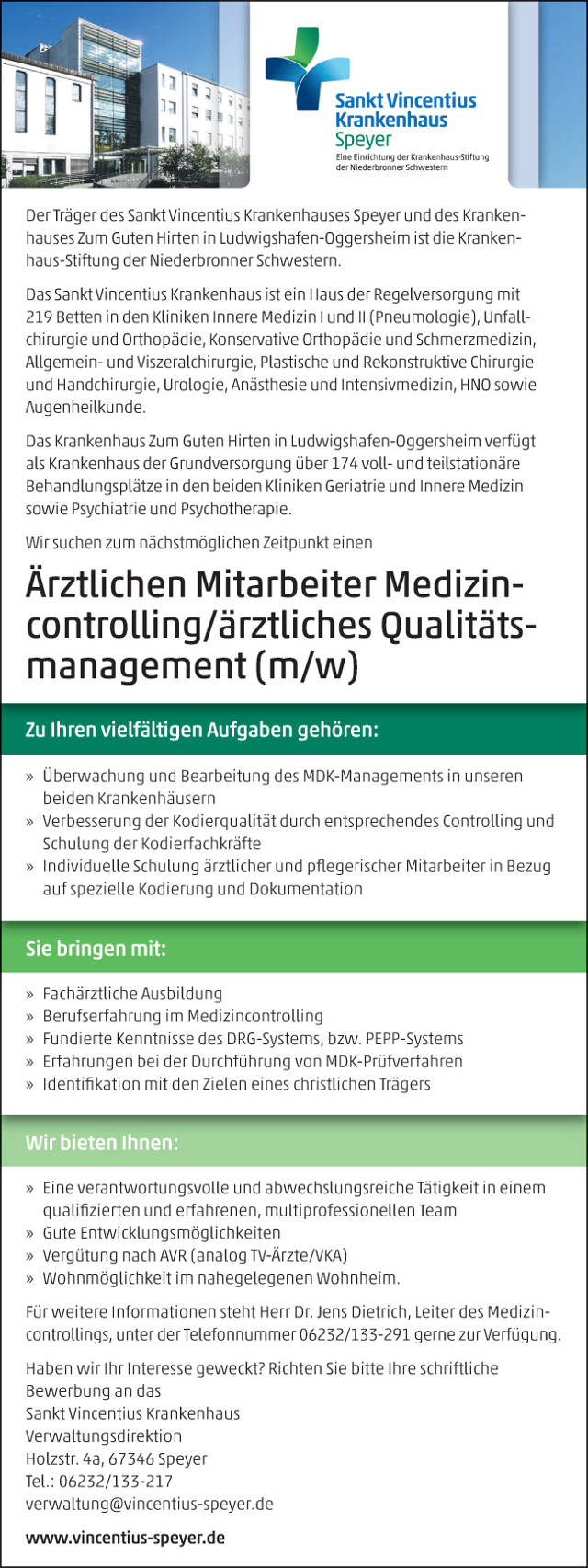 Sankt Vincentius Krankenhaus Speyer: Ärztlicher Mitarbeiter Medizincontrolling / Qualitätsmanagement (m/w)