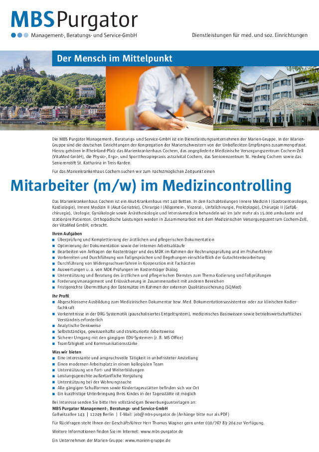 Marienkrankenhaus Cochem: Mitarbeiter Medizincontrolling (m/w)