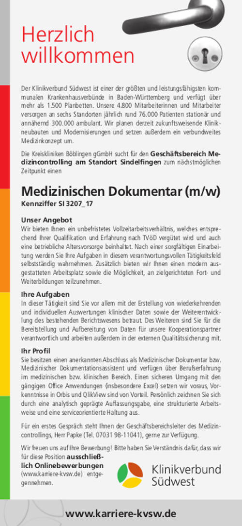 Kreiskliniken Böblingen gGmbH, Sindelfingen: Medizinischer Dokumentar (m/w)