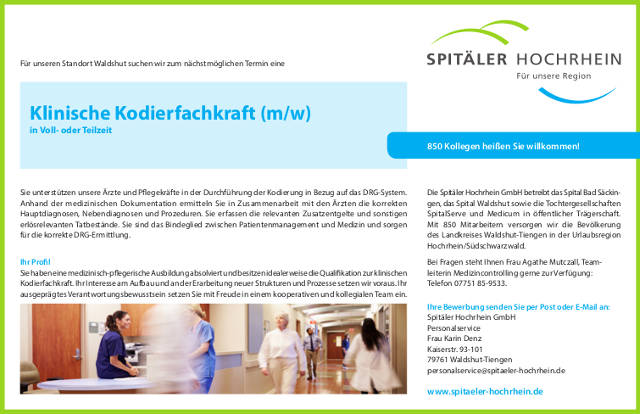 Spitäler Hochrheim GmbH, Waldshut: Klinische Kodierfachkraft (m/w)