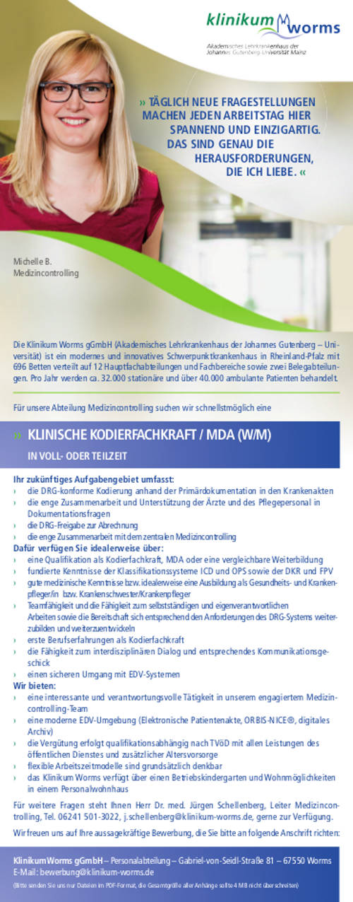 Klinikum Worms gGmbH: Klinische Kodierfachkraft / MDA (w/m)