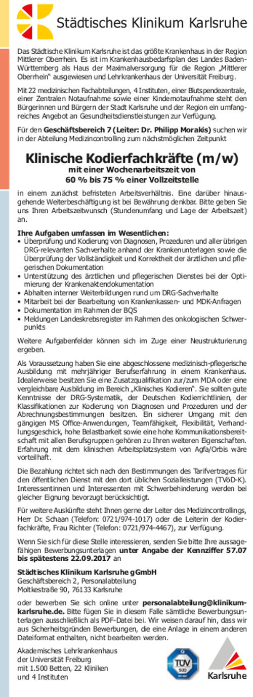 Städtisches Klinikum Karlsruhe gGmbH: Klinische Kodierfachkräfte (m/w)