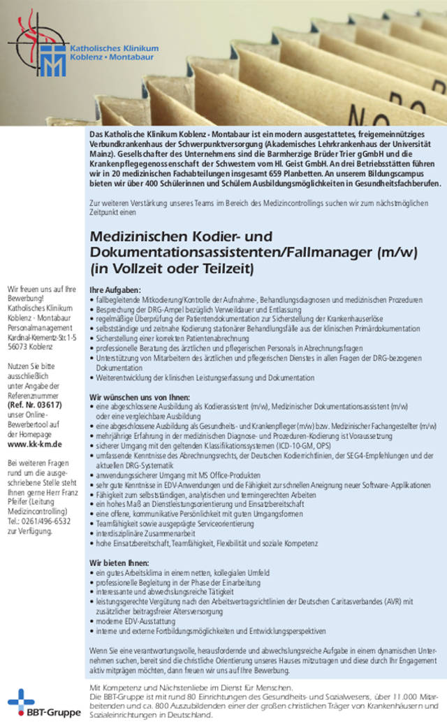 Katholisches Klinikum Koblenz - Montabaur: Medizinischer Kodier- und Dokumentationsassistent / Fallmanager (m/w)