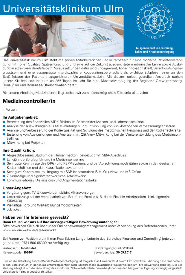 Universitätsklinikum Ulm: Medizincontroller (m/w)