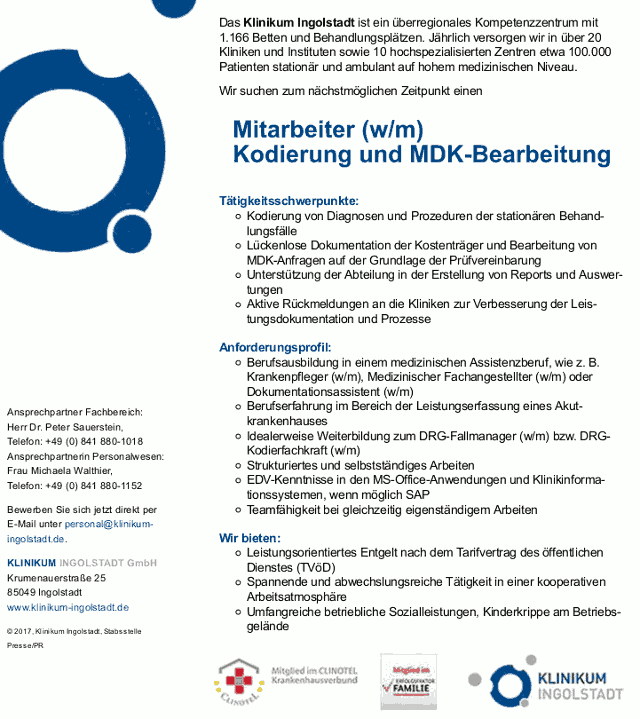 Klinikum Ingolstadt GmbH: Mitarbeiter Kodierung und MDK-Bearbeitung (w/m)