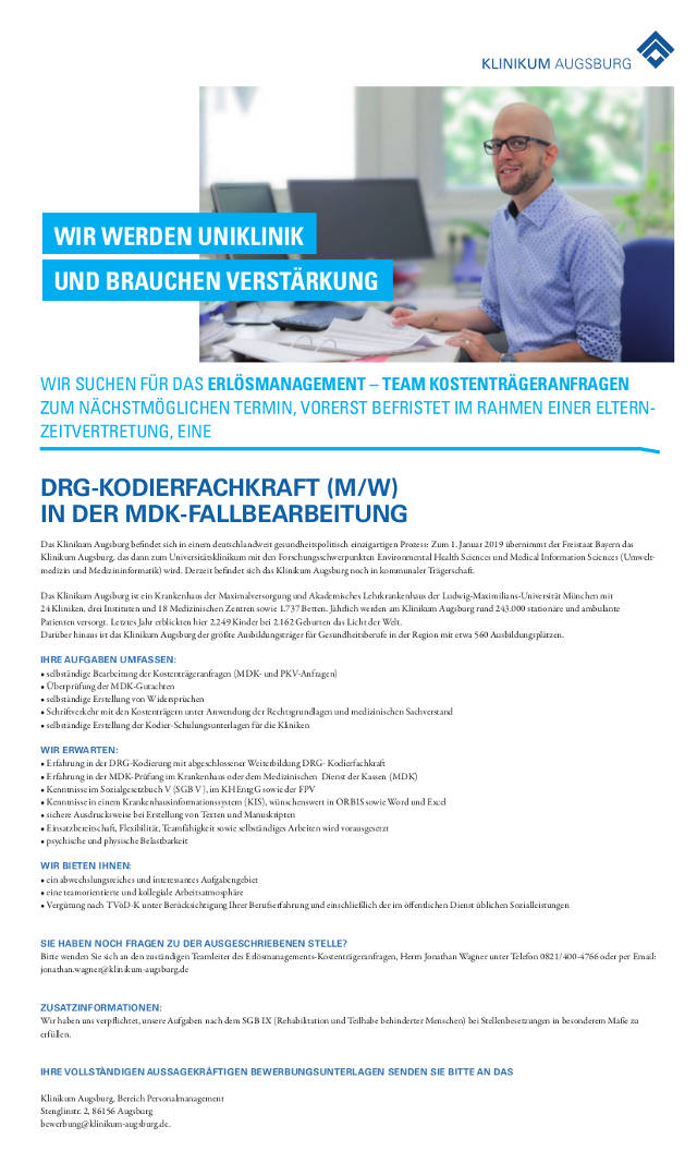 Klinikum Augsburg: DRG-Kodierfachkraft (m/w)