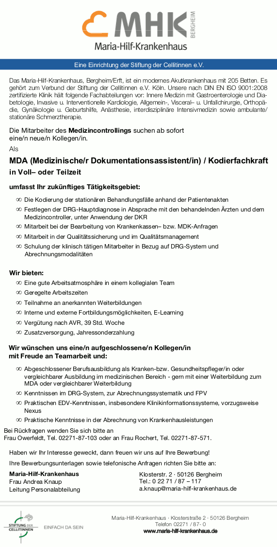 Maria-Hilf-Krankenhaus, Bergheim: MDA (Medizinische/r Dokumentationsassistent/in) / Kodierfachkraft (m/w)