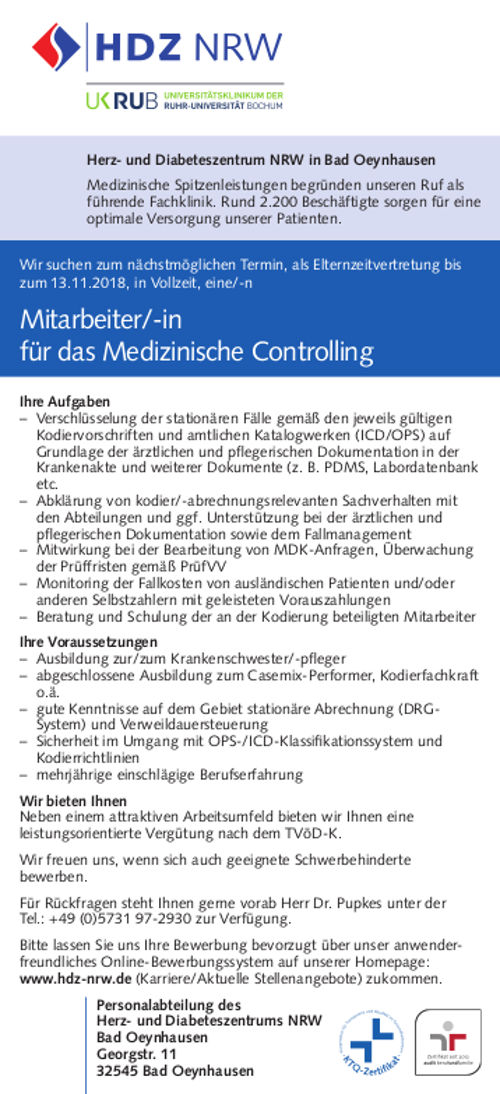 Herz- und Diabeteszentrum NRW, Bad Oeynhausen: Mitarbeiter Medizincontrolling (m/w)