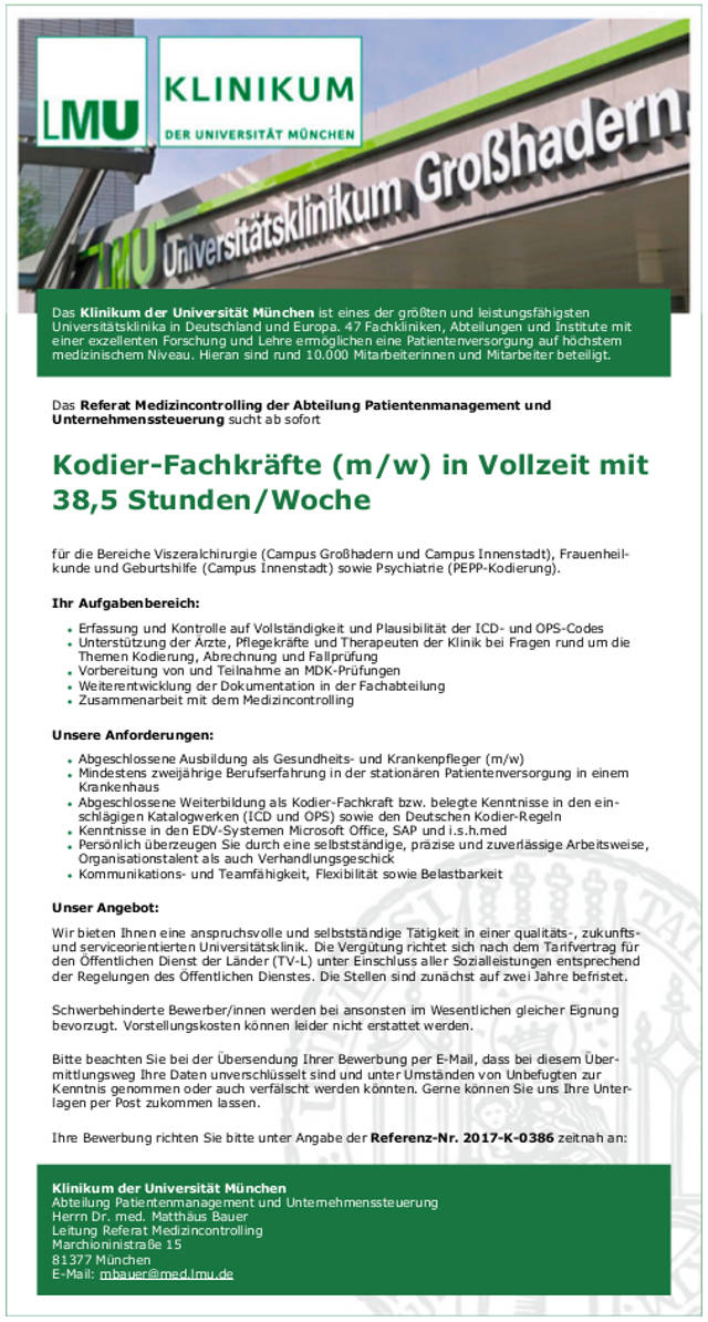 Klinikum der Universität München: Kodier-Fachkräfte (m/w)