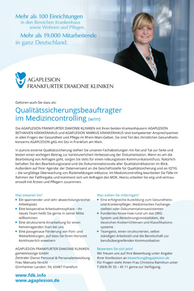 AGAPLESION Frankfurter Diakoniekliniken: Qualitätssicherungsbeauftragter im Medizincontrolling (m/w)