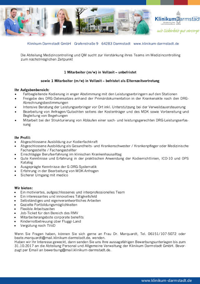 Klinikum Darmstadt: Mitarbeiter im Medizincontrolling (m/w)