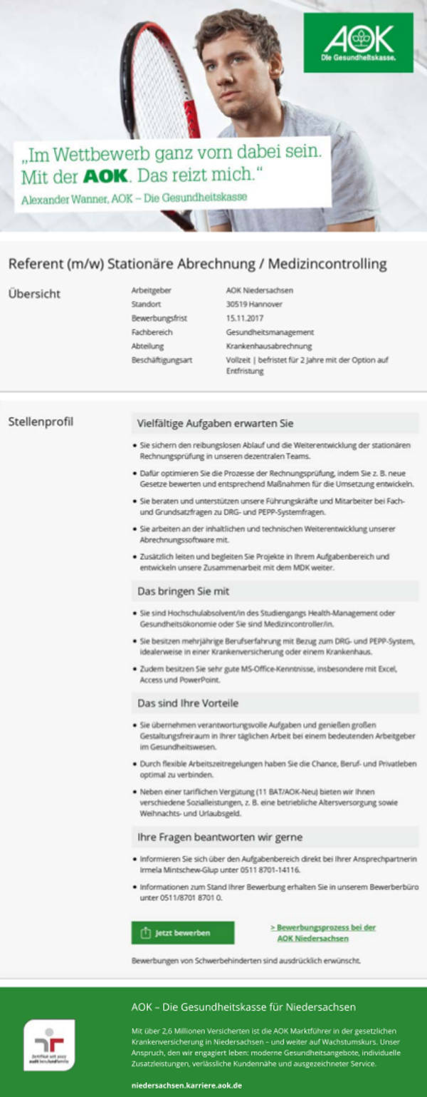 AOK - Die Gesundheitskasse für Niedersachsen, Hannover: Referent Stationäre Abrechnung / Medizincontrolling (m/w)