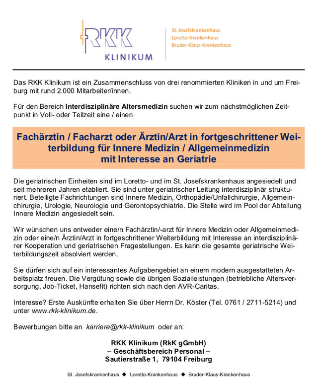 RKK Klinikum Freiburg: Facharzt / Arzt in fortgeschrittener Weiterbildung (w/m)