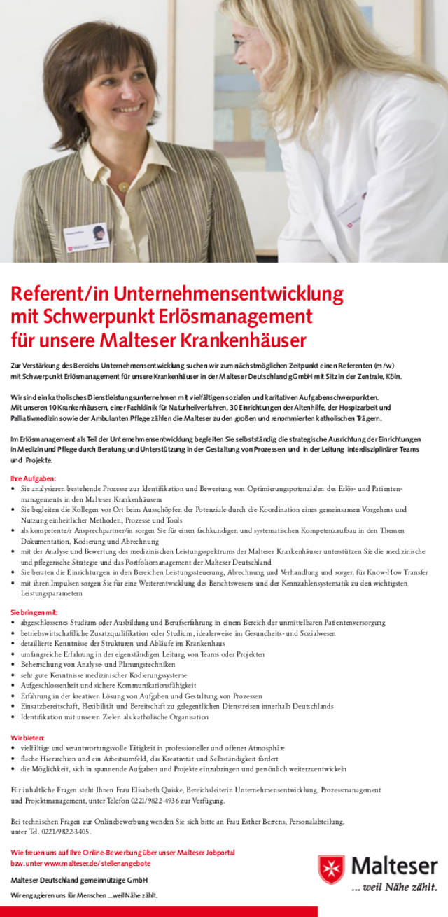Malteser Deutschland gGmbH, Köln: Referent Unternehmensentwicklung mit Schwerpunkt Erlösmanagement (m/w)